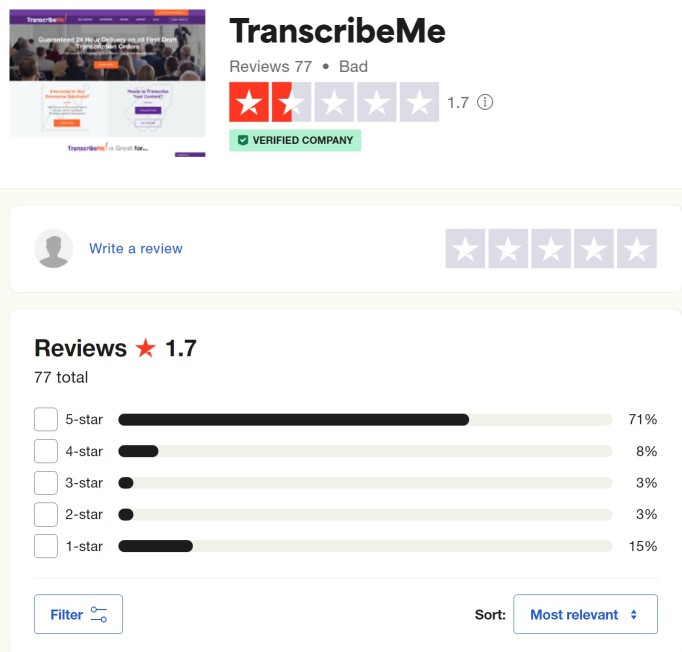 TranscribeMe TrustPilot User Reviews